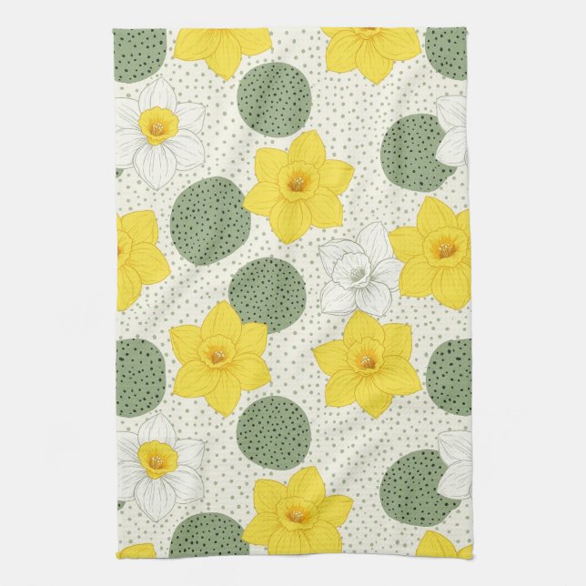 Botanical Daffodil Floral Geometric Pattern Tea Towel (Vertical)