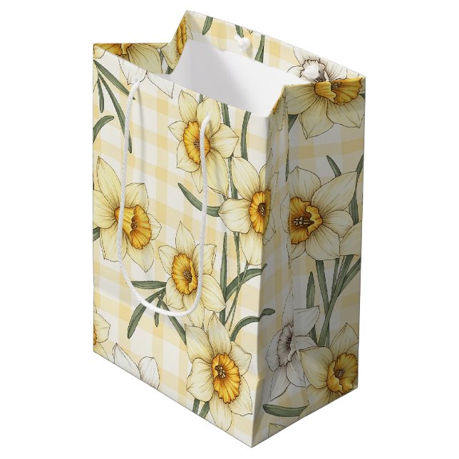 Botanical Daffodil Plaid Pattern Medium Gift Bag (Front Angled)