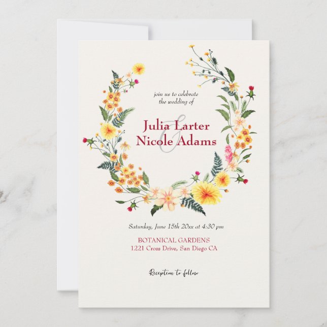 Botanical Daffodils Daisy Peony Flowers Wedding Invitation (Front)