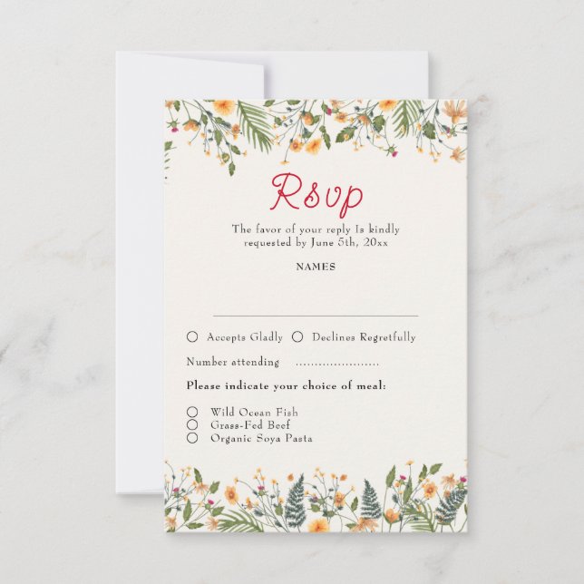 Botanical Daffodils Daisy Peony Flowers Wedding RSVP Card (Front)
