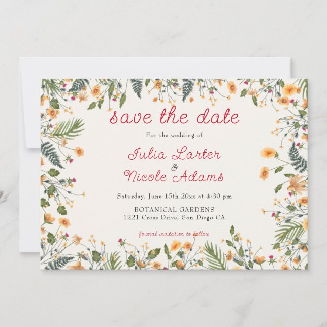 Botanical Daffodils Daisy Peony Flowers Wedding Save The Date (Front)