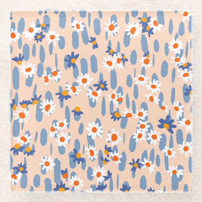Botanical Daisies: Vintage Seamless Pattern. Glass Coaster (Front)