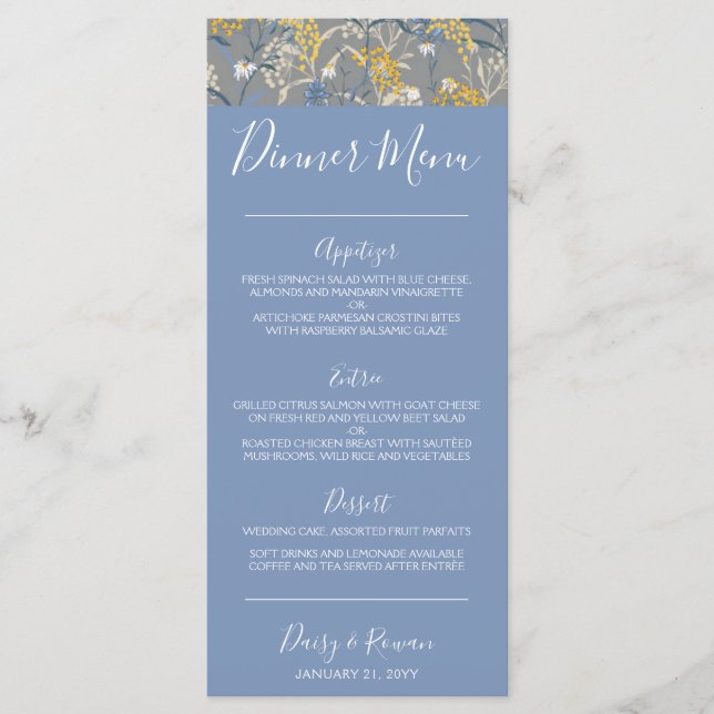 Botanical Daisy Floral Yellow & Navy Blue Dinner Menu (Front)