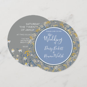 Botanical Daisy Floral Yellow & Navy Blue Wedding Invitation
