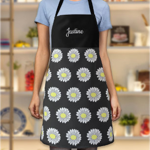 Botanical Daisy Flower Pattern Black Apron