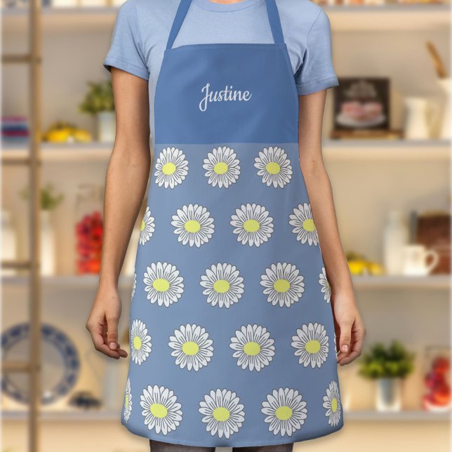 Botanical Daisy Flower Pattern Blue Apron (Daisy Flower Blue Apron)