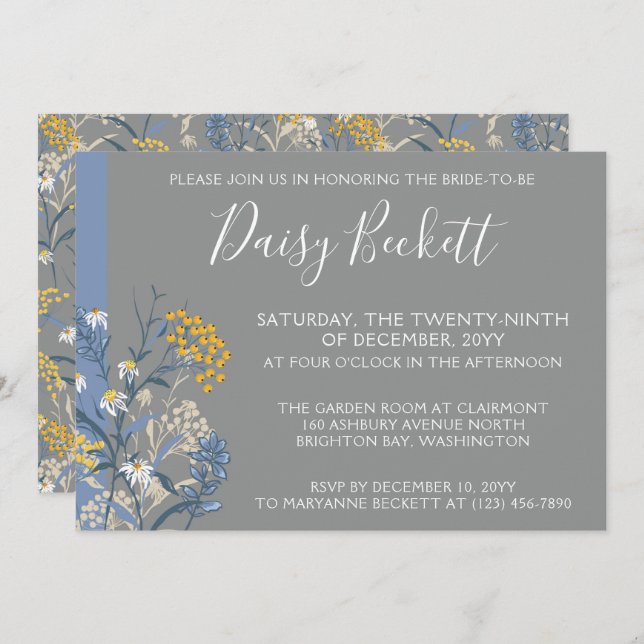 Botanical Daisy Yellow & Navy Blue Bridal Shower Invitation (Front/Back)