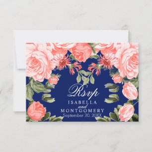 Botanical Dark Blue and Coral Flower - RSVP Card