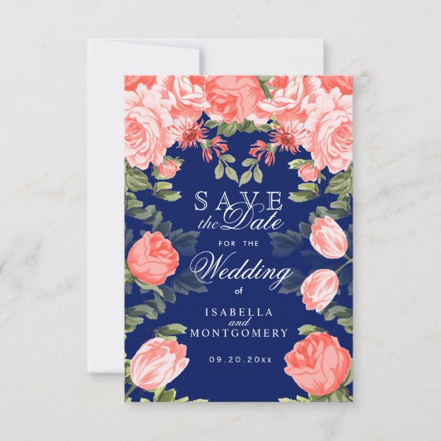 Botanical Dark Blue and Coral Flower Save The Date (Front)