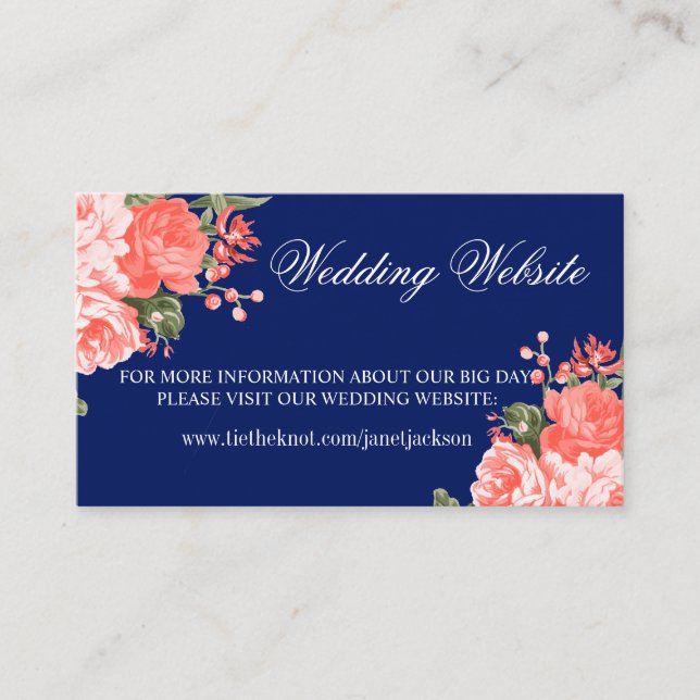 Botanical Dark Blue and Coral  -  Wedding Website Enclosure Card (Front)