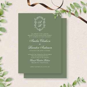 Botanical Deep Sage Green Monogram Crest Wedding Invitation