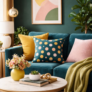 Botanical Deep Teal, Chartreuse & Blush Polka Dots Cushion