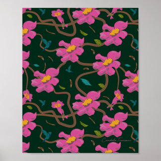 Botanical design paper colibri flowers poster