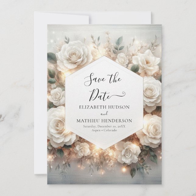 Botanical Digital White Roses Wedding Save The Date (Front)