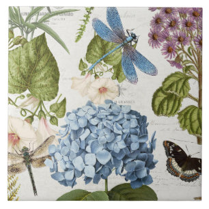 Botanical Dragonfly Flower Garden Floral Vintage 4 Ceramic Tile