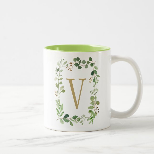 Botanical Dream Green Leaves Monogram Two-Tone Coffee Mug (Right)