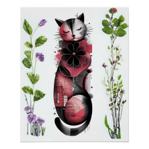 Botanical Dreams & Whiskers – Abstract Cat Poster