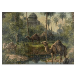 Botanical: dromedaries in the jungle near a river cutting board