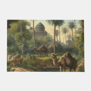 Botanical: dromedaries in the jungle near a river doormat