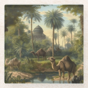 Botanical: dromedaries in the jungle near a river glass coaster