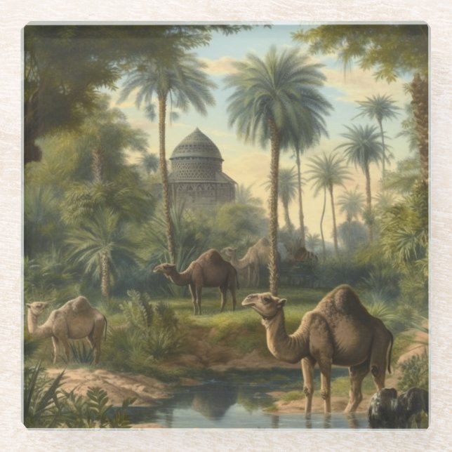 Botanical: dromedaries in the jungle near a river glass coaster (Front)