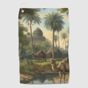 Botanical: dromedaries in the jungle near a river golf towel