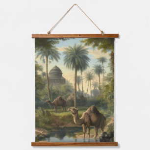 Botanical: dromedaries in the jungle near a river hanging tapestry