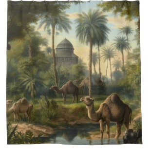 Botanical: dromedaries in the jungle near a river shower curtain