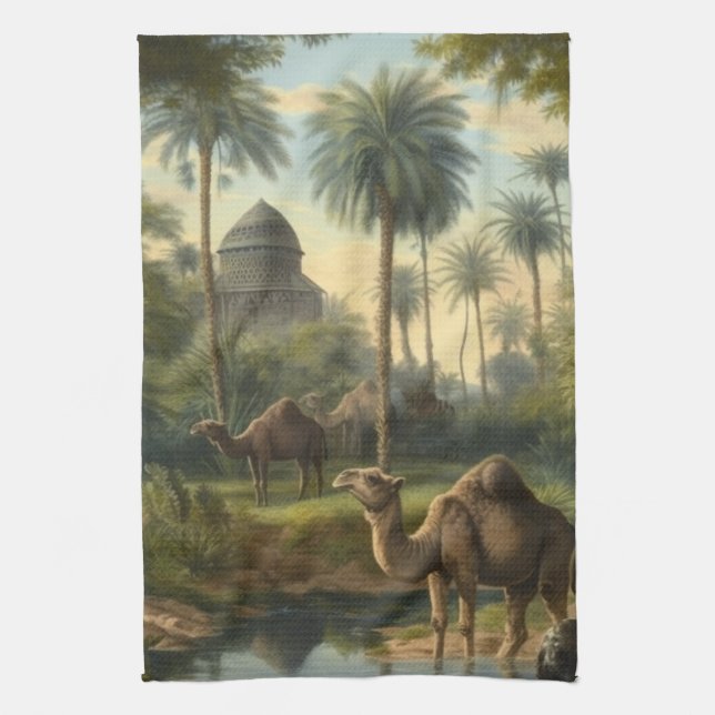 Botanical: dromedaries in the jungle near a river tea towel (Vertical)