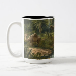 Botanical: dromedaries in the jungle near a river Two-Tone coffee mug