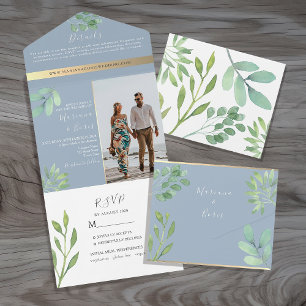 Botanical Dusty Blue Wedding All In One Invitation