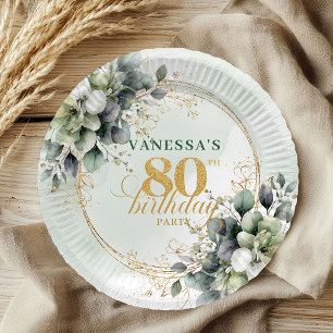 Botanical Dusty Green Watercolor 80th Birthday Paper Plate