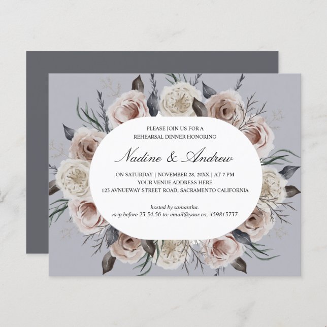 Botanical Dusty Rose Grey Wedding rehearsal dinner (Front/Back)