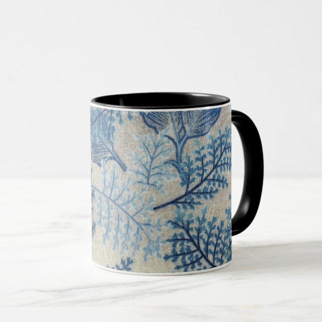Botanical Elegance: Blue Leaves & Blooms Mug (Front Right)