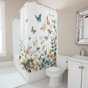 Botanical Elegance Butterflies and Foliage Shower Curtain