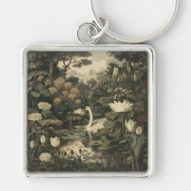 Botanical Elegance – Swan in the Forest Key Ring (Front)