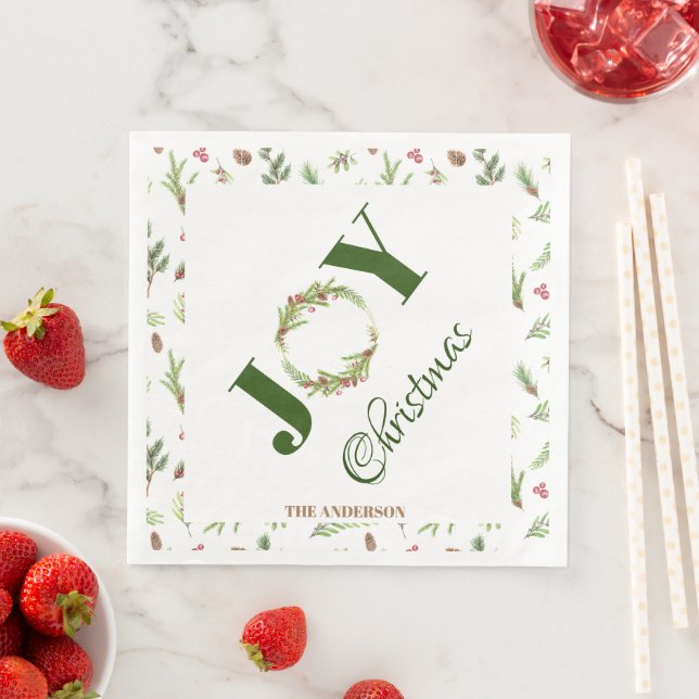  Botanical elegant Christmas Joy Christmas  Wreath Napkin (Insitu)