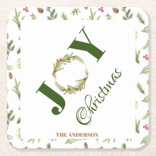 Botanical elegant Christmas Joy Christmas Wreath Square Paper Coaster