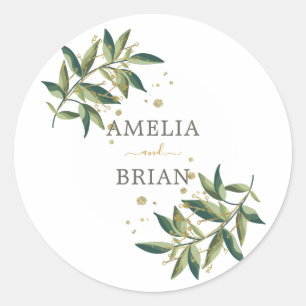 Botanical Elegant Greenery n Gold Floral Wedding Classic Round Sticker