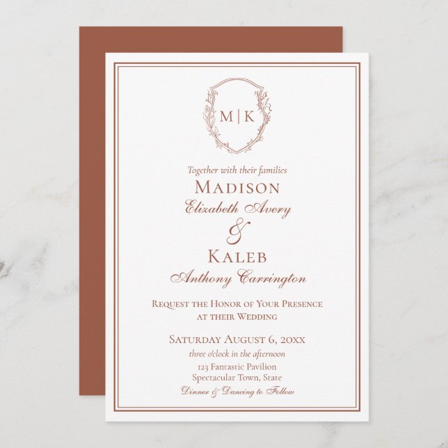 Botanical Elegant Monogram Terracotta Drawn Crest Invitation (Front/Back)