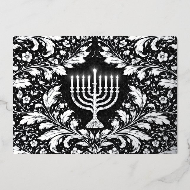 Botanical elegant silver menorah Hannukah Foil Holiday Card (Front)