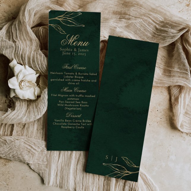 Botanical Emerald Green and Gold Elegant Wedding Menu (Creator Uploaded)