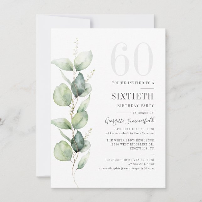 Botanical Eucalyptus 60th Birthday Party Greenery Invitation (Front)