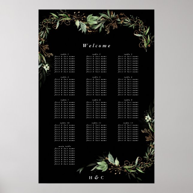 Botanical Eucalyptus Black Wedding Seating Chart (Front)
