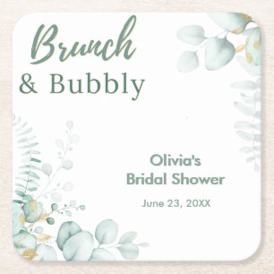 Botanical Eucalyptus Brunch & Bubbly Bridal Shower Square Paper Coaster