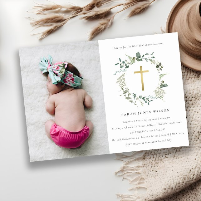 Botanical Eucalyptus Cross Wreath Photo Baptism Invitation (Creator Uploaded)