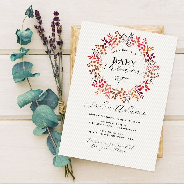 Botanical Eucalyptus Fall Leaf Wreath Baby Shower Invitation (Creator Uploaded)