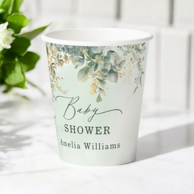 Botanical Eucalyptus Flowers Green Gold Paper Cups (Creator Uploaded)