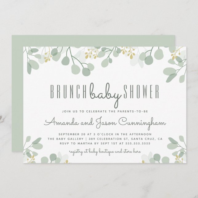 Botanical Eucalyptus Foliage Baby Shower Brunch Invitation (Front/Back)