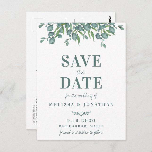 Botanical Eucalyptus Foliage Wedding Save The Date Postcard (Front/Back)